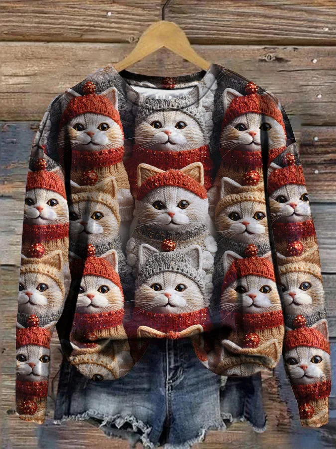 Winter Cute Cat Print Loose Crew Neck Sweatshirt