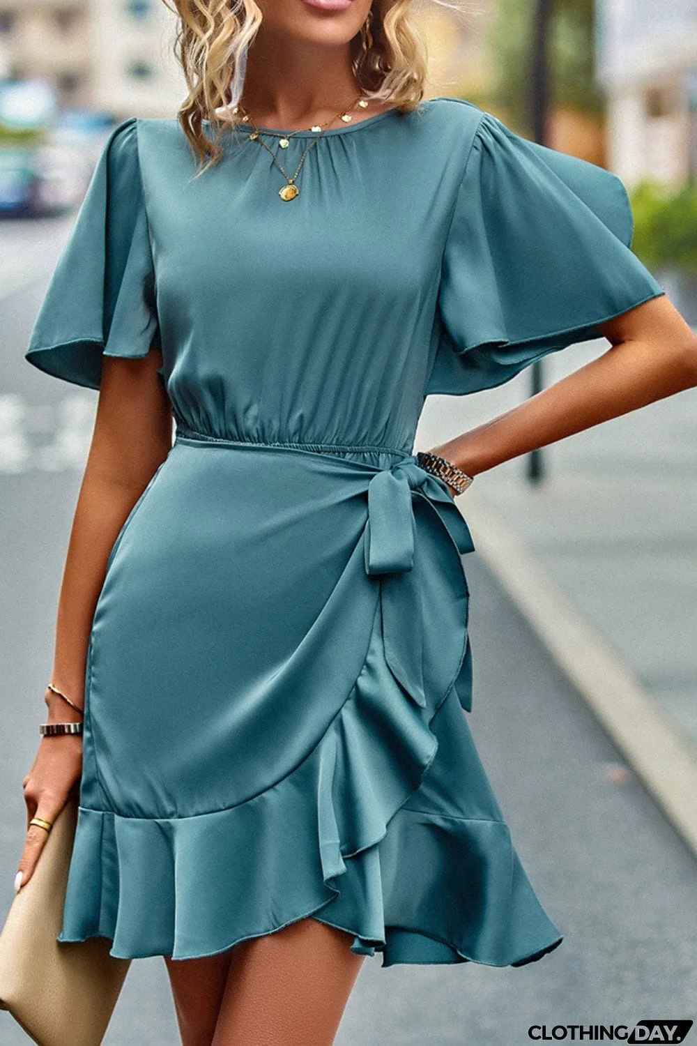 Round Neck Flutter Sleeve Ruffled Dress