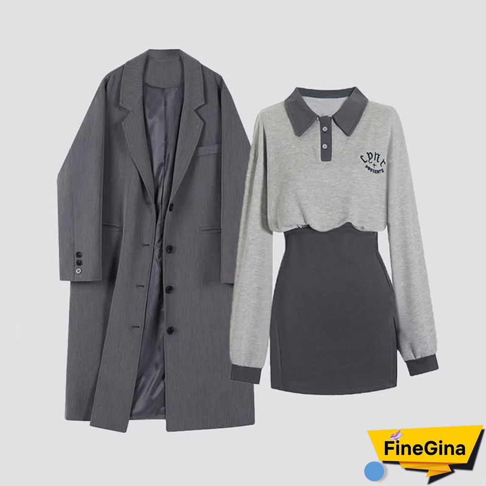 Chic Long Pocket Blazer Embroidered Lapel Dress Two Pieces