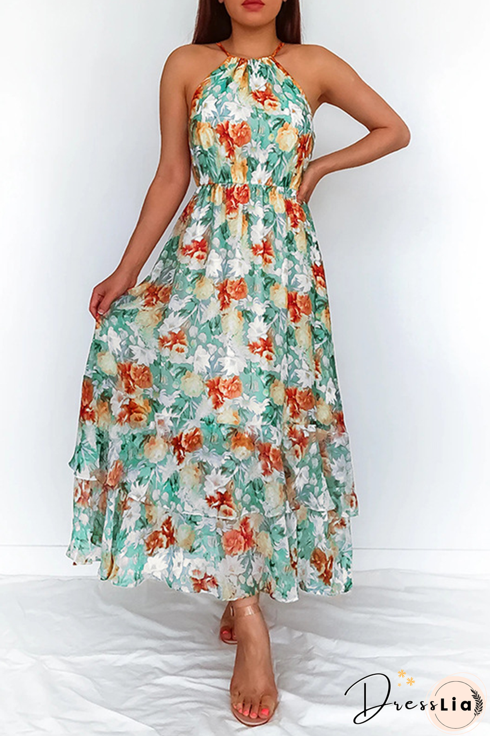 Elegant Floral Split Joint Halter Waist Skirt Dresses
