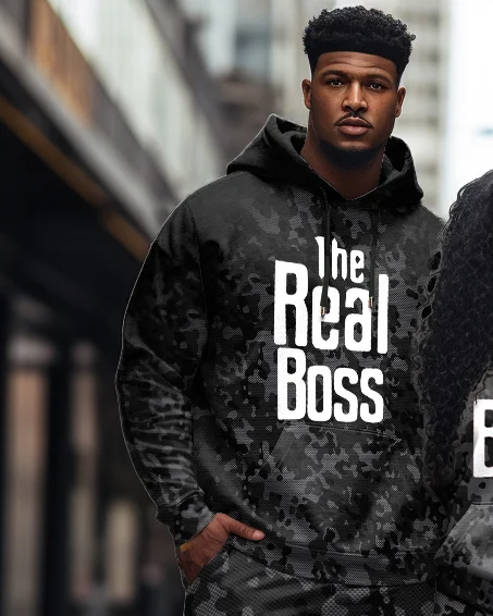 Couple Outfits Plus Size Real Boss Funny Text Camouflage Hoodie Set