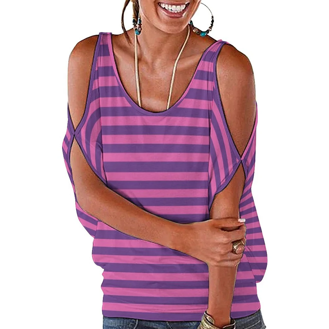 Pink Purple Lavender Striped Halloween Cold Shoulder Blouse Tops Loose O-Neck Short Sleeve Tee Shirts Summer Tunic