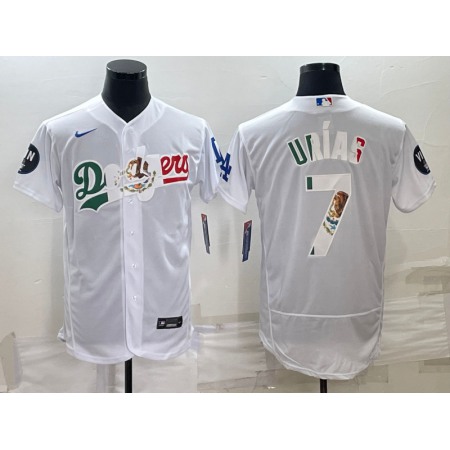 Men's Los Angeles Dodgers #7 Julio Urias White With Vin Scully Patch Flex Base Stitched Baseball Jersey ZTWB