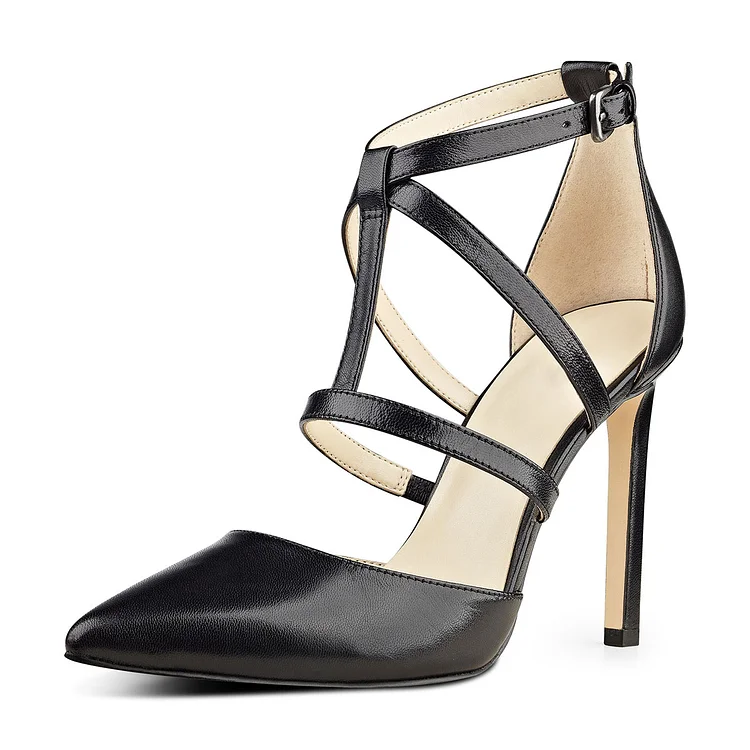 Women's Leila Black Stiletto Heels Dress Shoes Pointed Toe Formal Shoes T Strap Sandals |FSJ Shoes