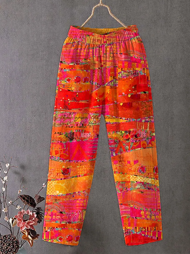 Women's Vintage Abstract Geometric Art Print Cotton And Linen Casual Pants