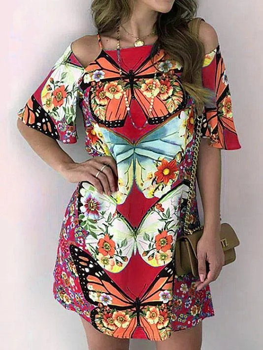 Women's Stylish Butterfly Print Back Sexy Hollow-Out Dress With Short Sleeves