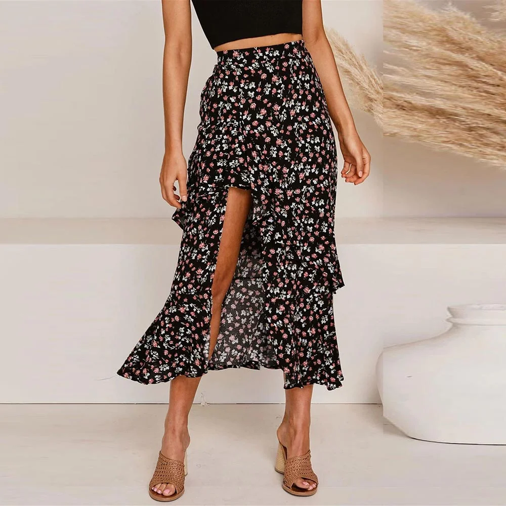 WildPinky Bohemian Black Ruffle Hem Wrap Floral Print Skirts Women Summer Elastic High Waist Ladies Irregular Long Skirt Female