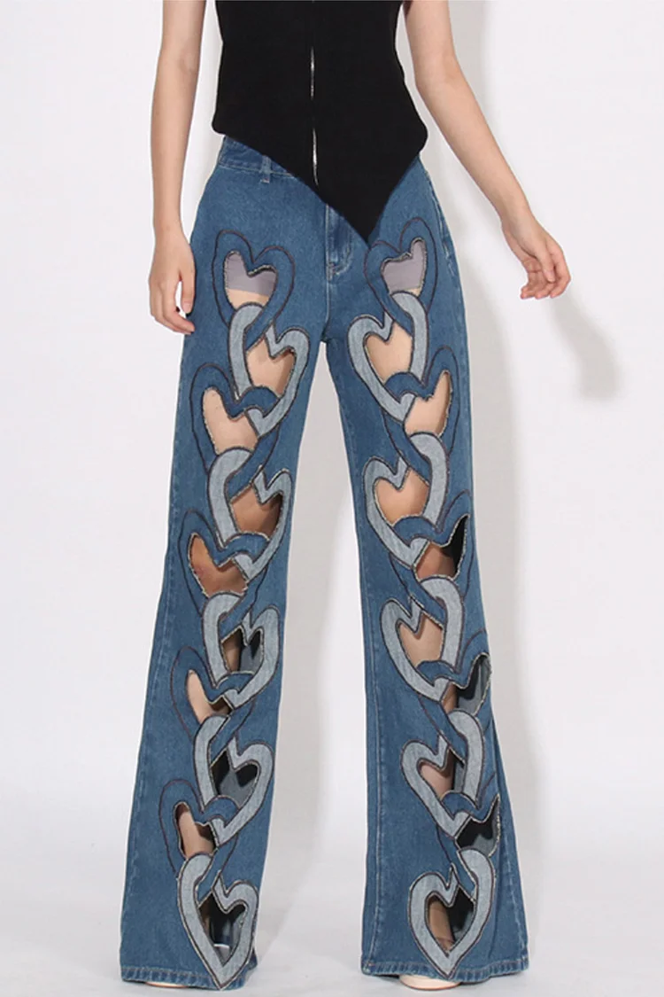 Heart Shaped Hollow High Rise Straight Denim Jeans-Blue