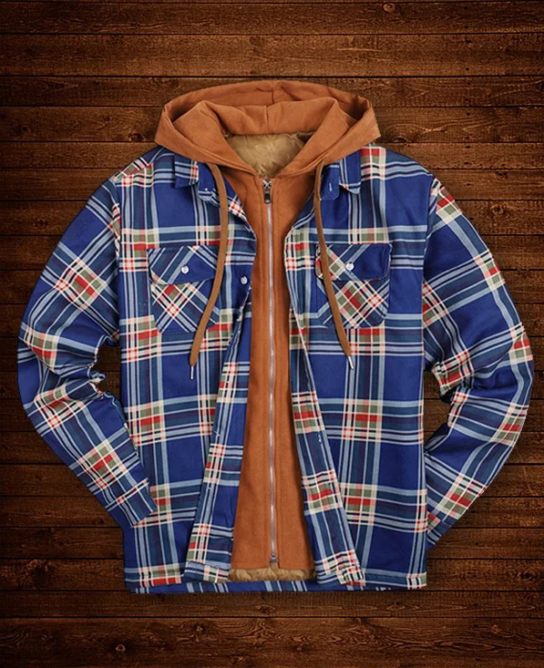 Men's Autumn and Winter Plaid Long Sleeve Loose Hooded Jacket