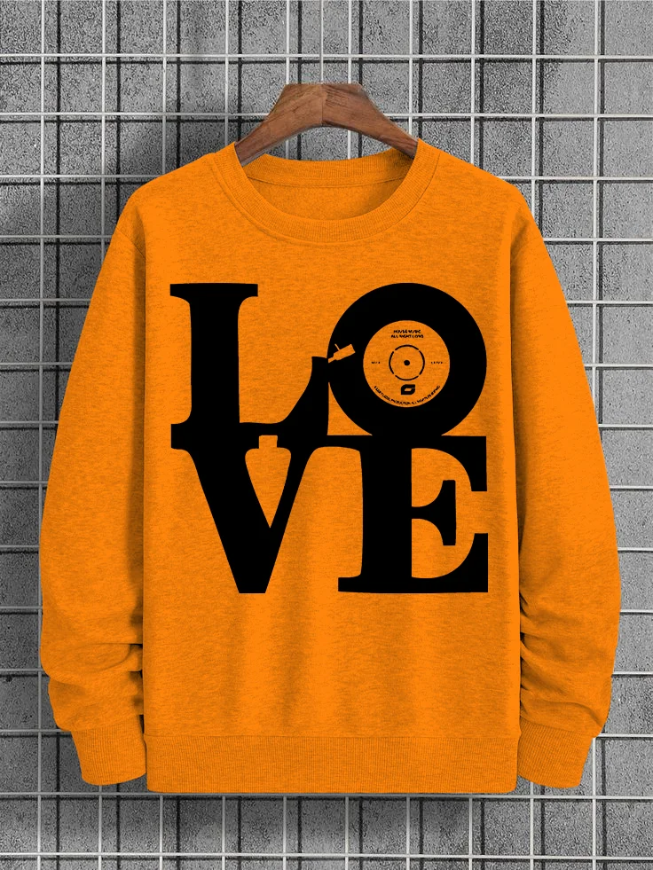 Men's Love Vinyl Record Music Art Print Cotton Long Sleeve Casual T-Shirt