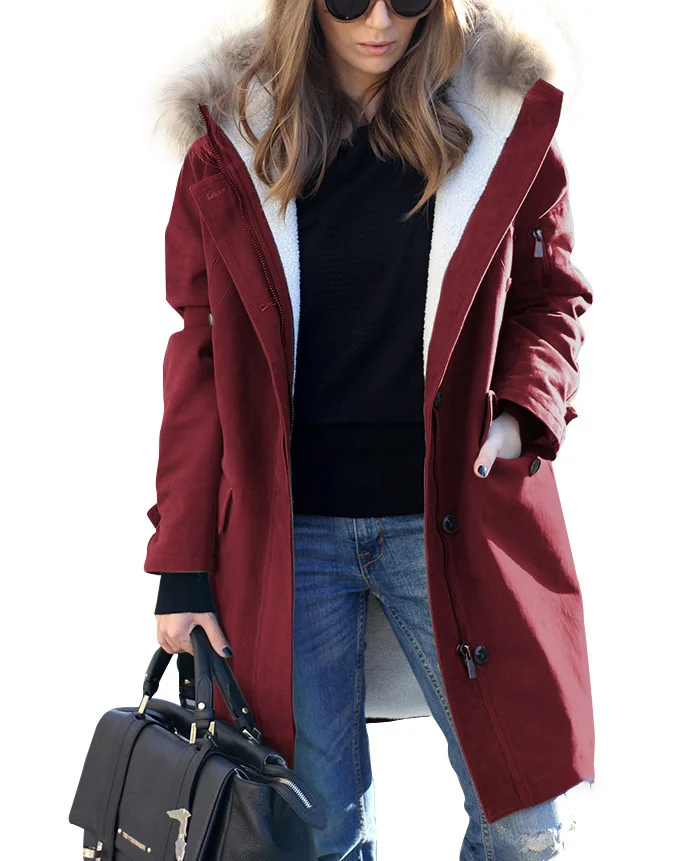 LADYSY Woolen Hooded Coat With Fur Collar 