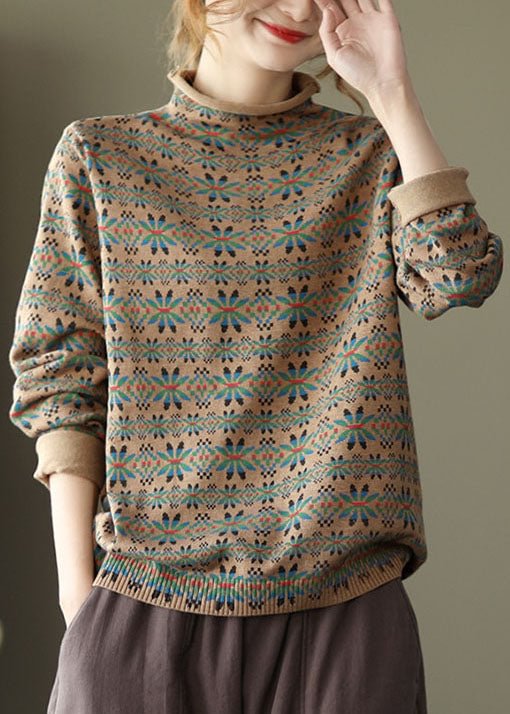 Modern Khaki Turtle Neck Print Knitted Tops Long Sleeve CK2557- Fabulory