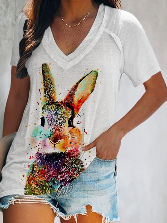 Women's Easter Bunny Print V-Neck Short Sleeve T-Shirt
