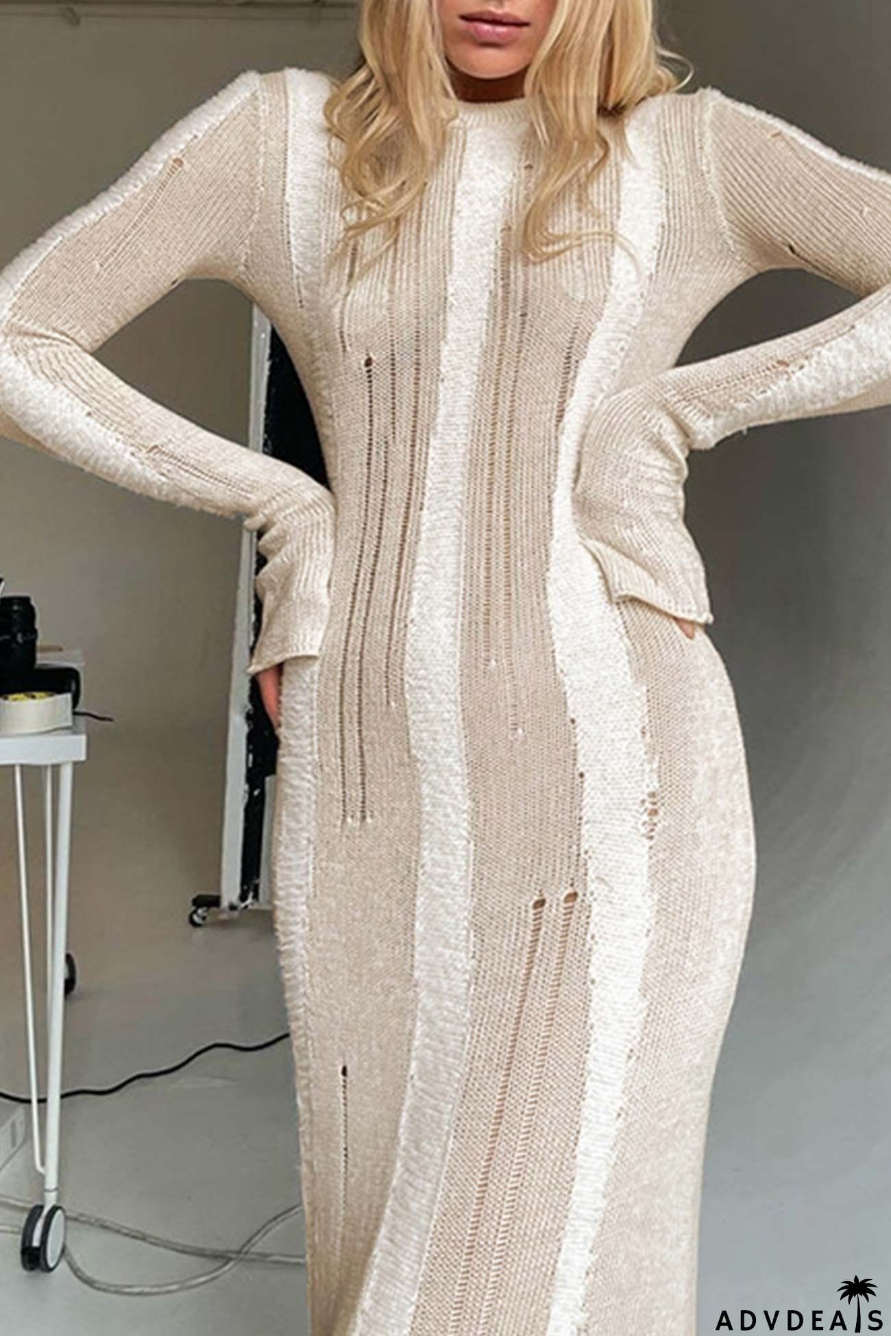 Contrast Distressed Hollow Out Knit Dress