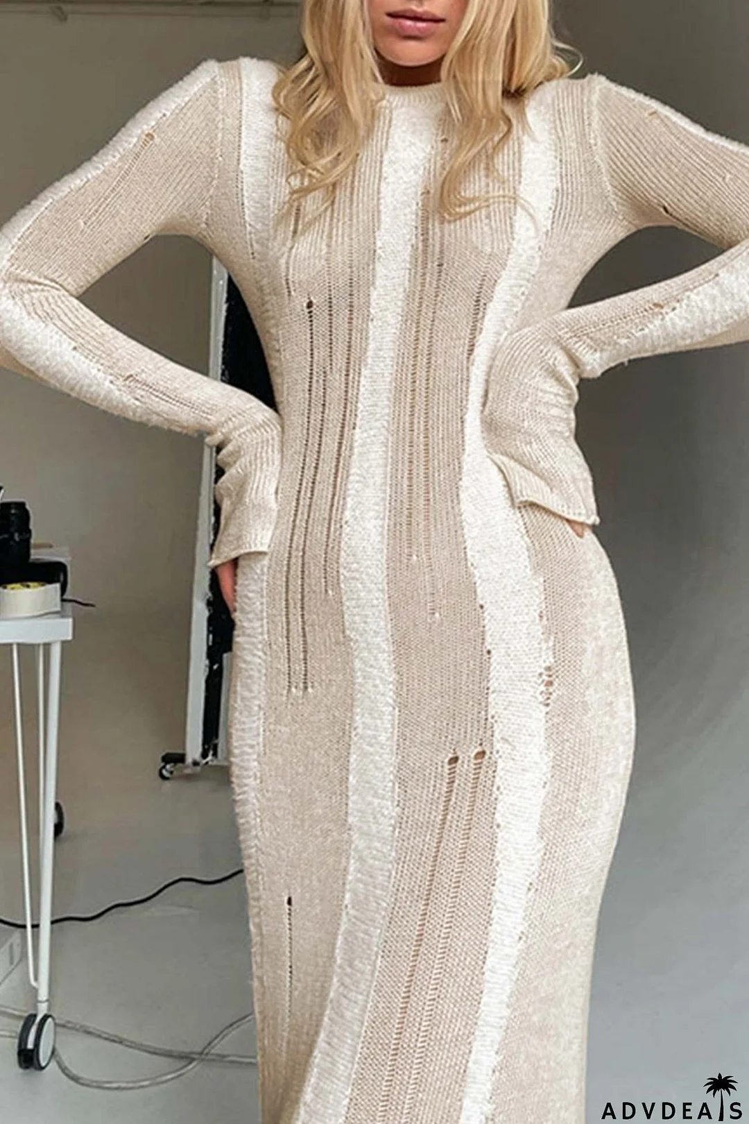 Contrast Distressed Hollow Out Knit Dress