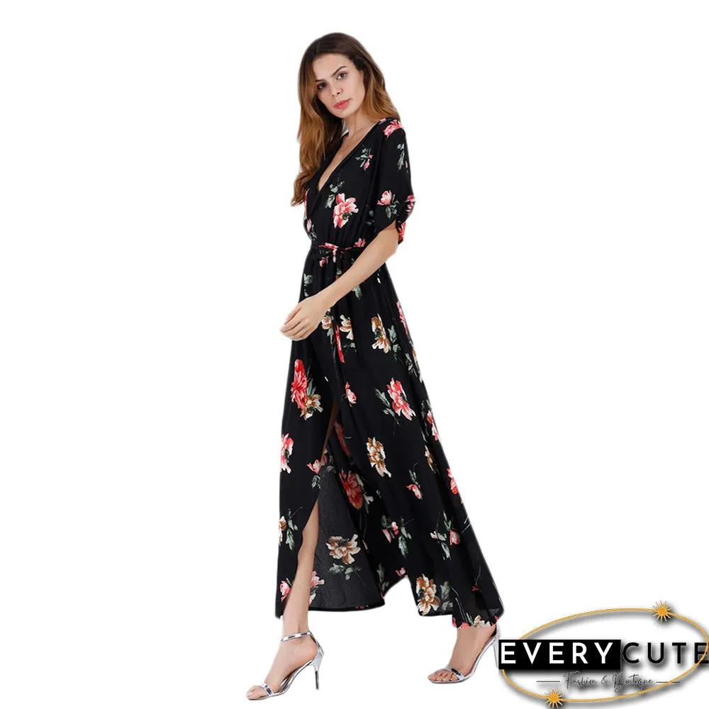 Rosy Short Sleeve Foral Chiffon Boho Dress
