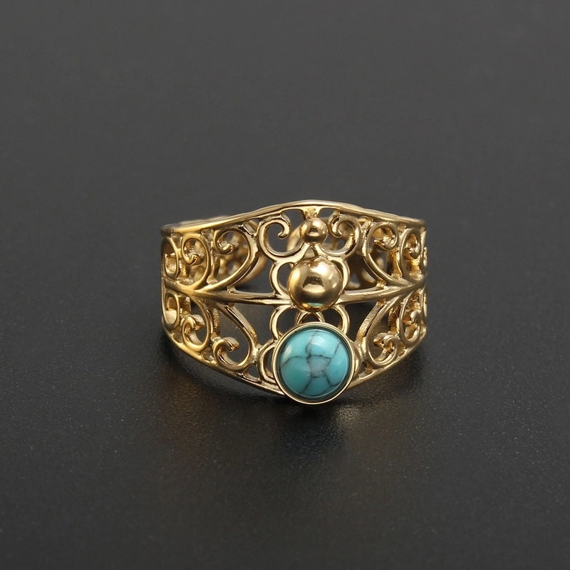 304 Stainless Steel 18K Gold Plated Baroque Style Plating Inlay Solid Color Natural Stone Open Rings