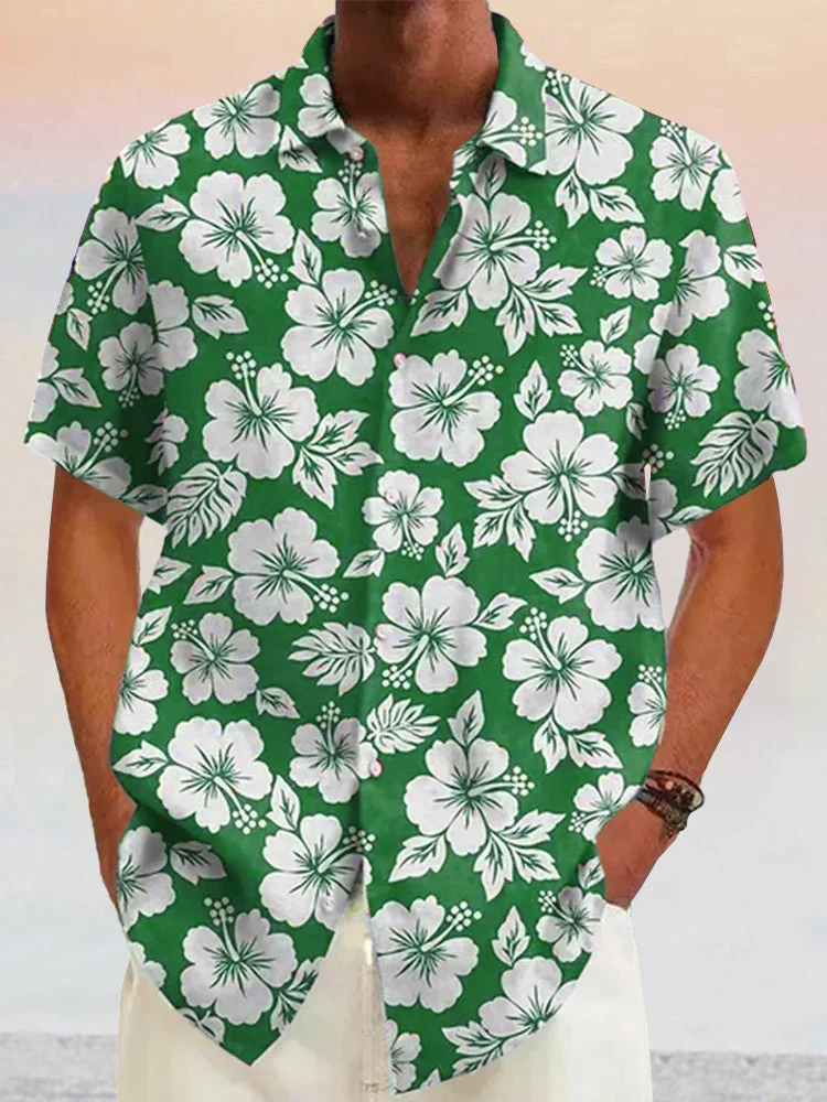 Hawaiian Flower Printed Cotton Linen Holiday Shirt