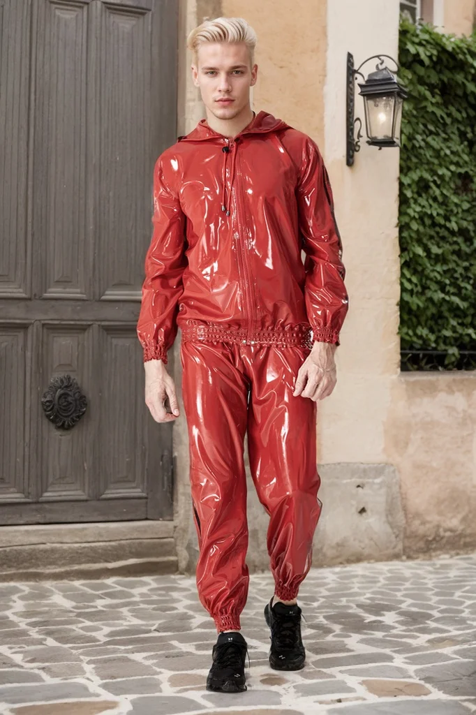 Men Latex Jackets Male Sports Hooded Tracksuit Jacket Timeless Red Sports Jacket (KG31559)