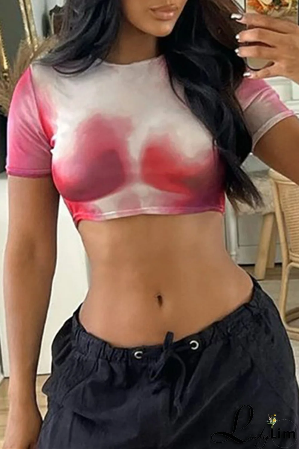 Rose Red Fashion Casual Print Basic O Neck T-Shirts