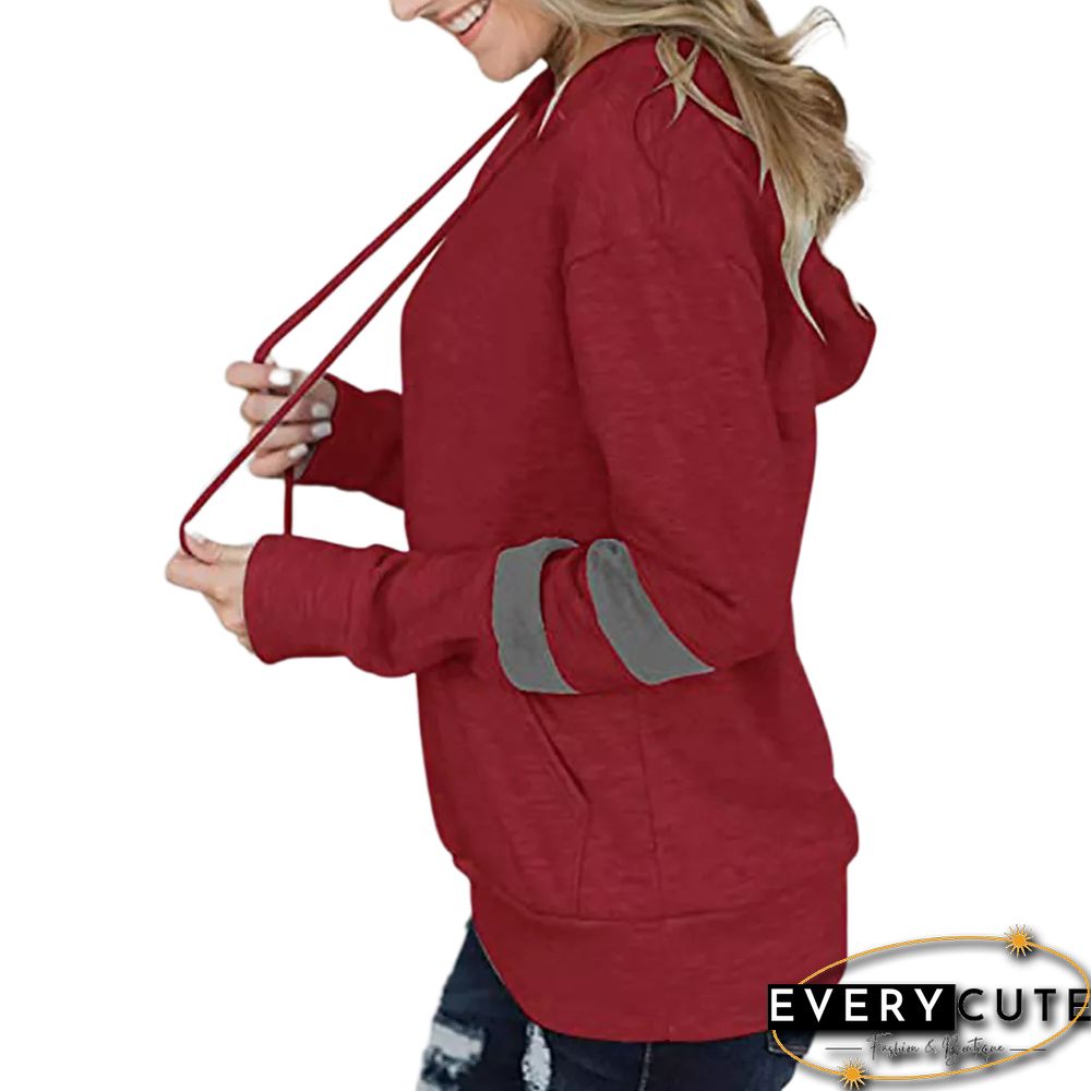 Red Contrast Stripes Long Sleeve Hoodie with Pocket