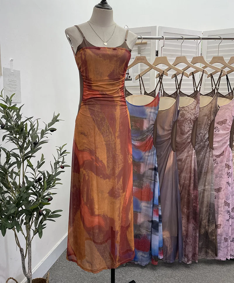 Uveng Sexy Tie-Dye Print Dress Waist Folded Folded Black Back Mesh Slings Long Skirt 888825