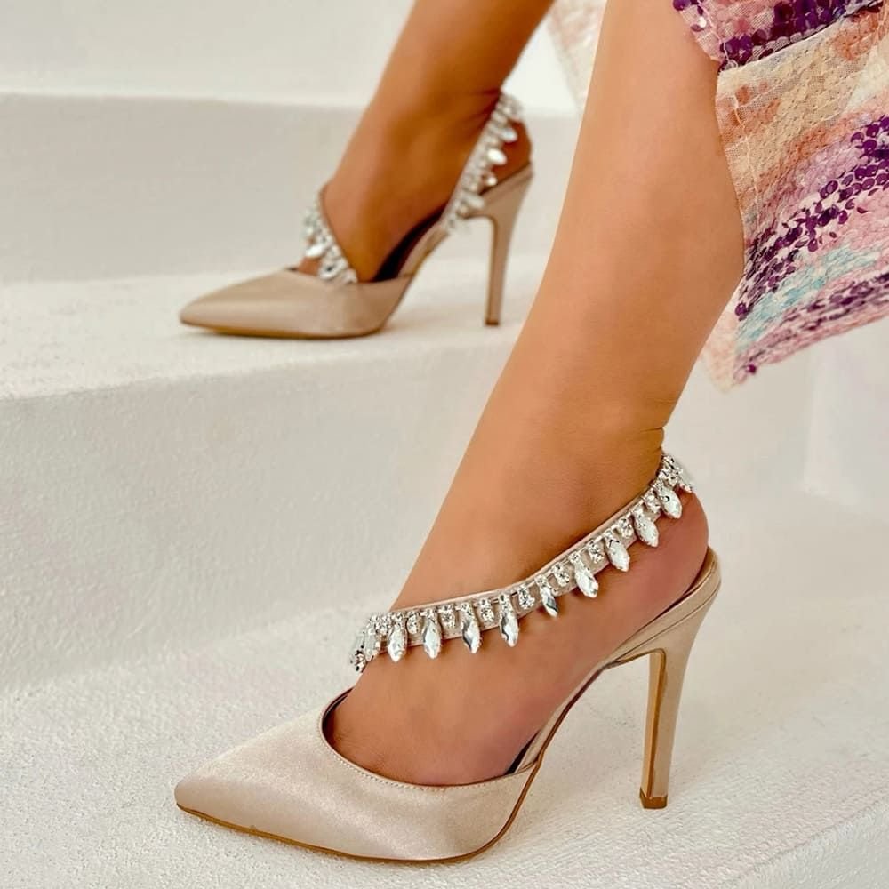 Nude Leather Stiletto Heels Pointed Toe Rhinestone Decor Heels Nicepairs