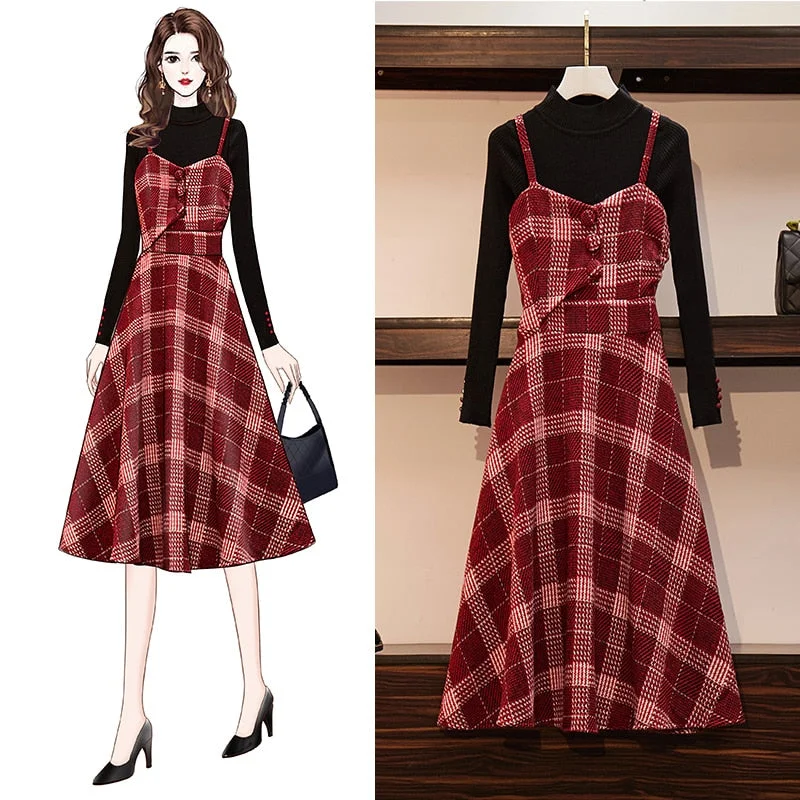 Korean Woolen Red Plaid A-Line Dress+Sweater Two Pieces Sets BE591