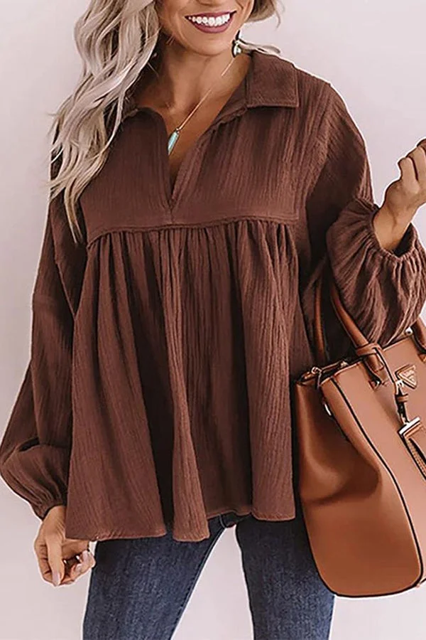 Loose Collared Babydoll Top Long Sleeve Blouse