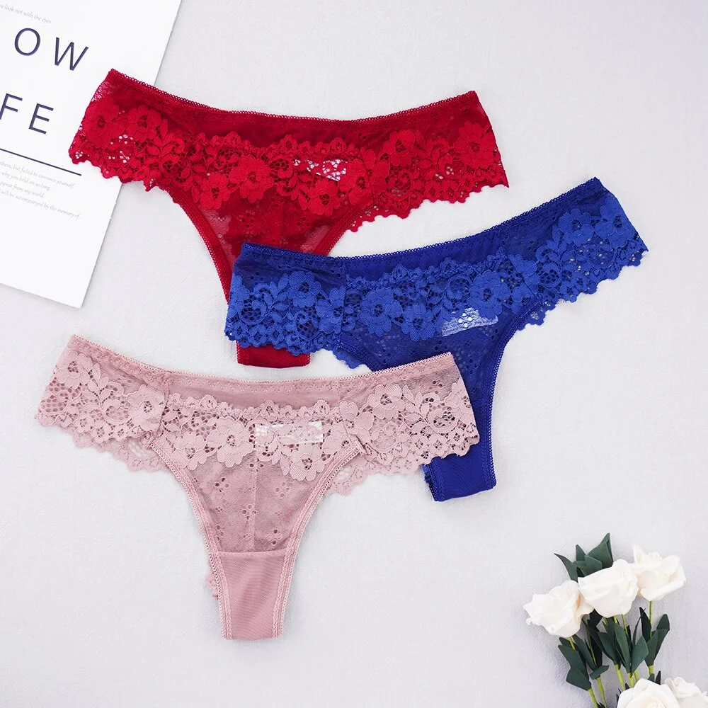 Billionm Sexy Lace Thong Low Waist Lace Transparent Panties Women Hollow out Breathable G String Briefs Bow Underwear Lingerie