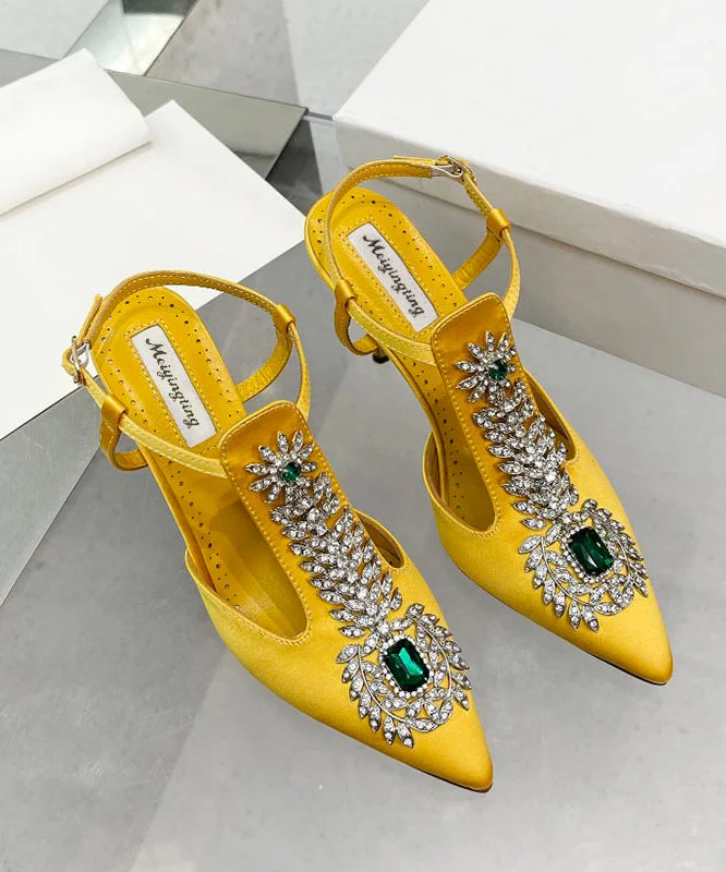 Yellow Zircon Boutique Splicing Stiletto Sandals Pointed Toe Hollow Out