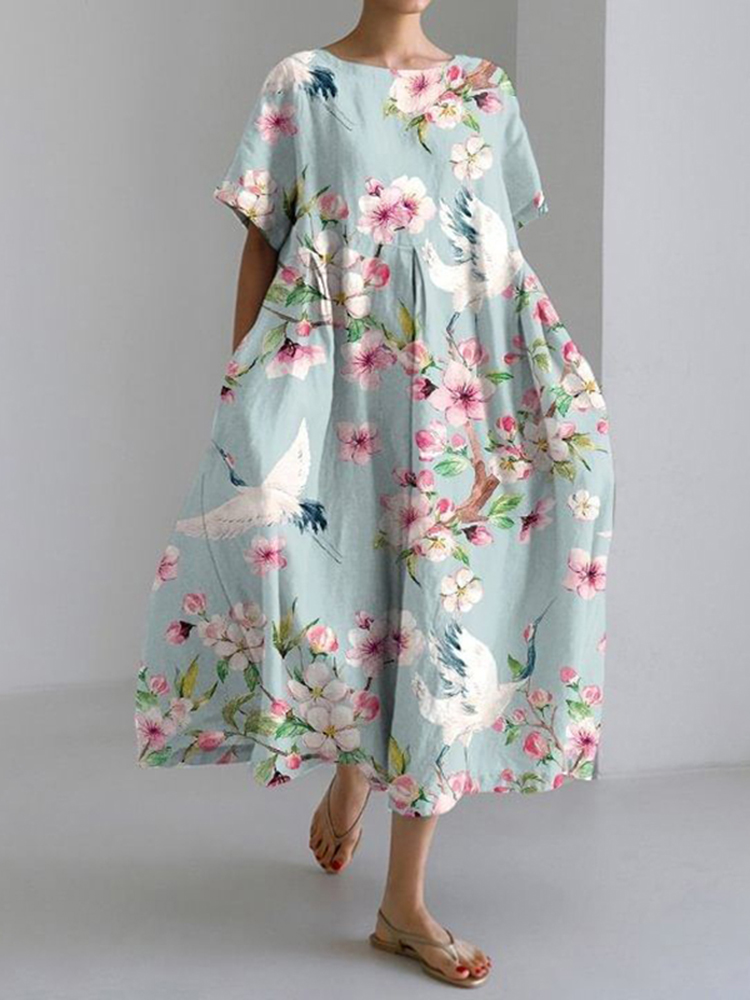 Comstylish Crane Print Round Neck Short Sleeve Casual Midi Dress