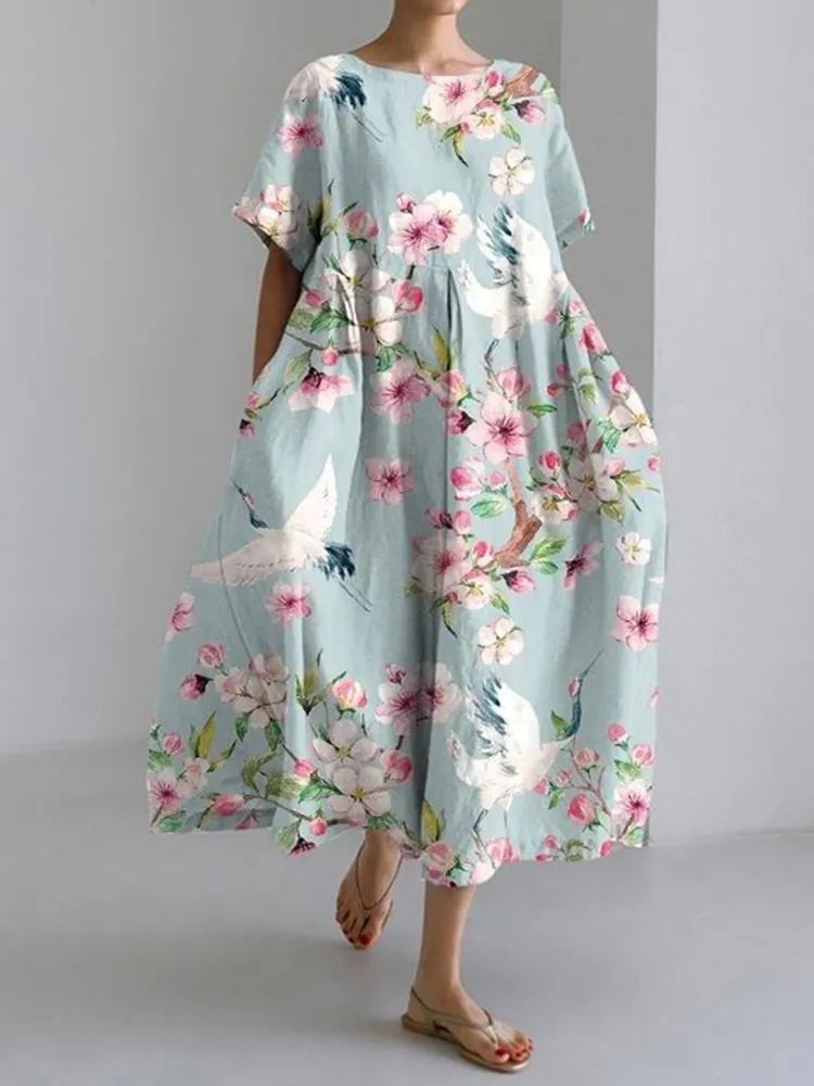 Crane Print Round Neck Short Sleeve Casual Midi Dress