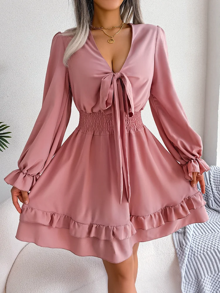 Elegant Long Sleeve V-neck Elastic Waist A-line Dress