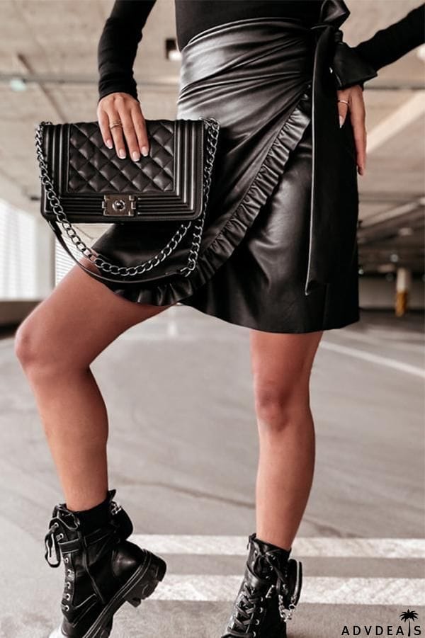 Ruffles Knot Pu Skirts