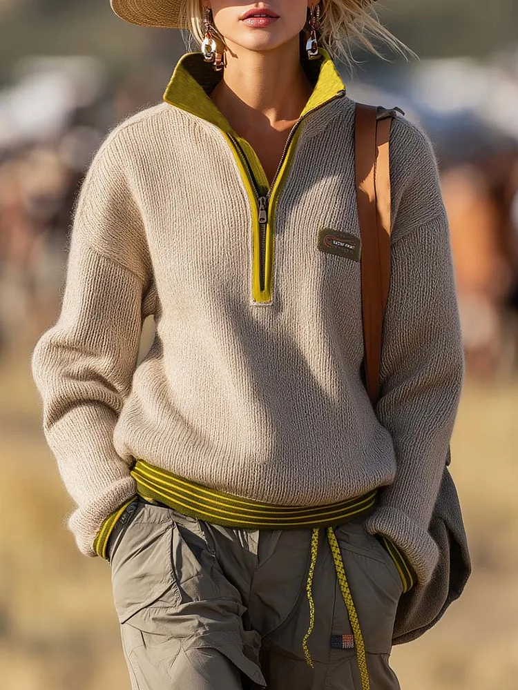 Retro Fashion Sports Lapel Front Zipper Yellow Green Trim Beige Knitted Sweatshirt