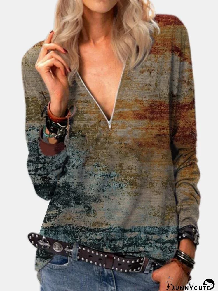 Casual Printed Long-sleeved Plus Size T-shirt for Women