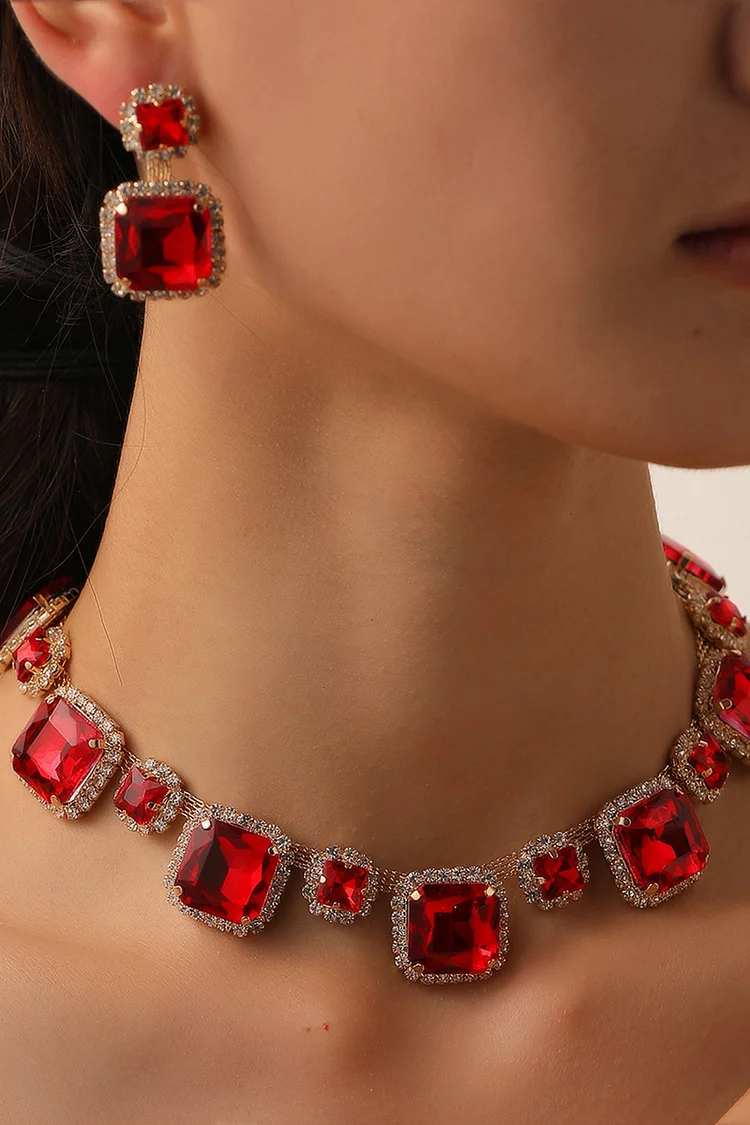 Party Exaggerated Rhinestone Square Shaped Earrings Necklace Jewelry Set 2024 - Xpluswear