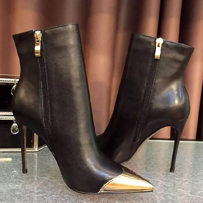 Black and Gold Wingtip Boots Pointy Toe Stiletto Heel Ankle Boots |FSJ Shoes