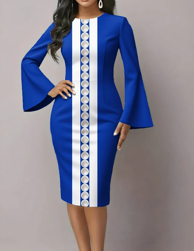 Women's Fashion Blue Sisterhood Art Print Flared Sleeves Midi Bodycon Dresses