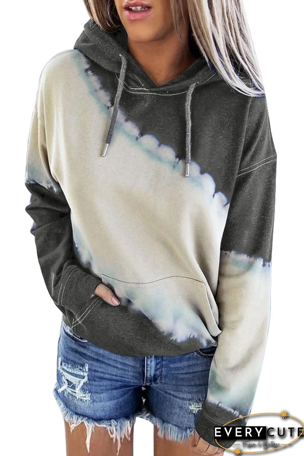 Gray Hooded Tie Dye Print Pocket Casual Sweatshirt