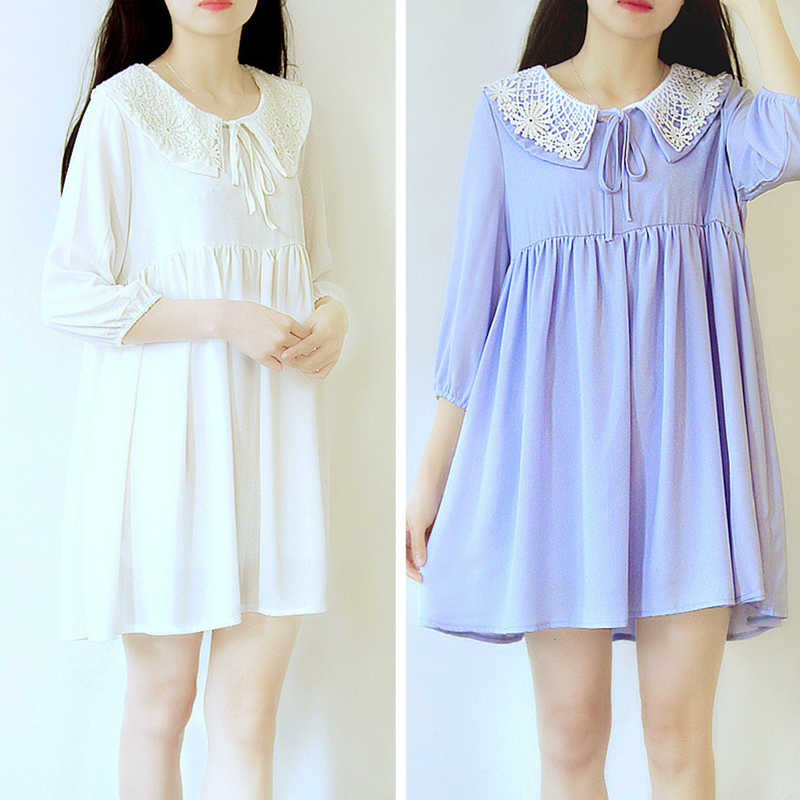 White/Blue Mori Girl Dolly Collar Dress SP166691