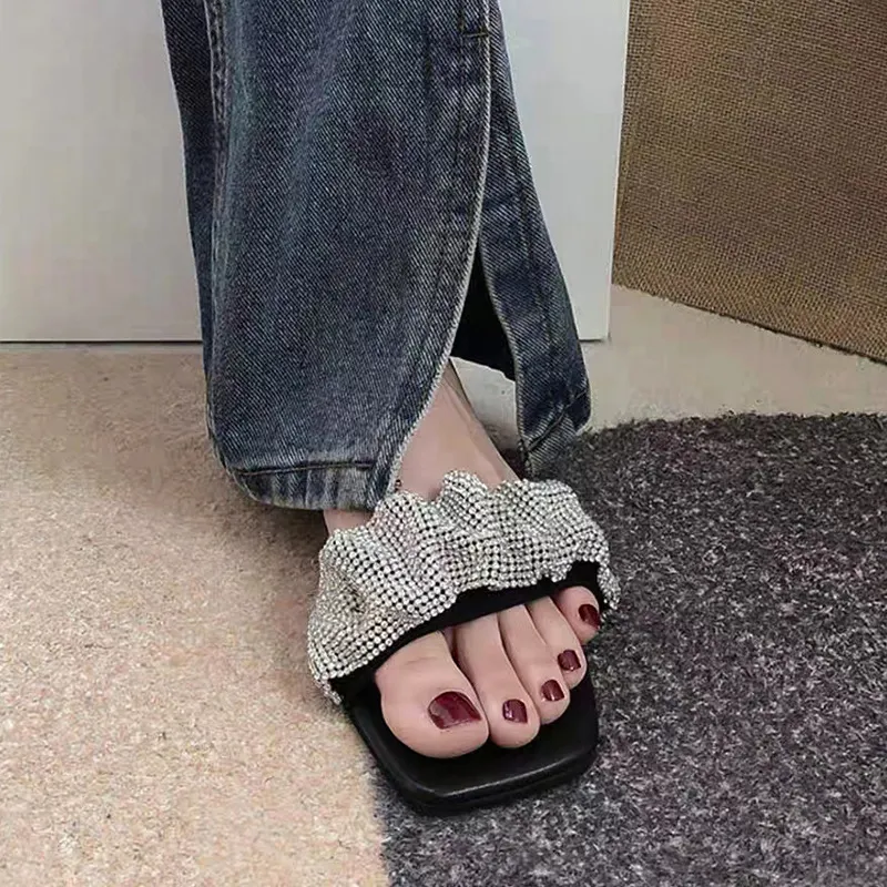 Breakj Breakj Slippers Women's Fashion Wearing Fairy Wind 2025 New Water Drill Cool Drag Low And Exposed Toe Coarse And Word Drag