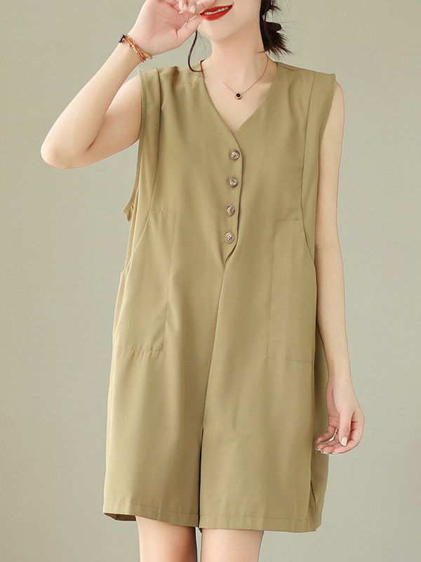 Single Breasted Button V Neck Sleeveless Mini Dress
