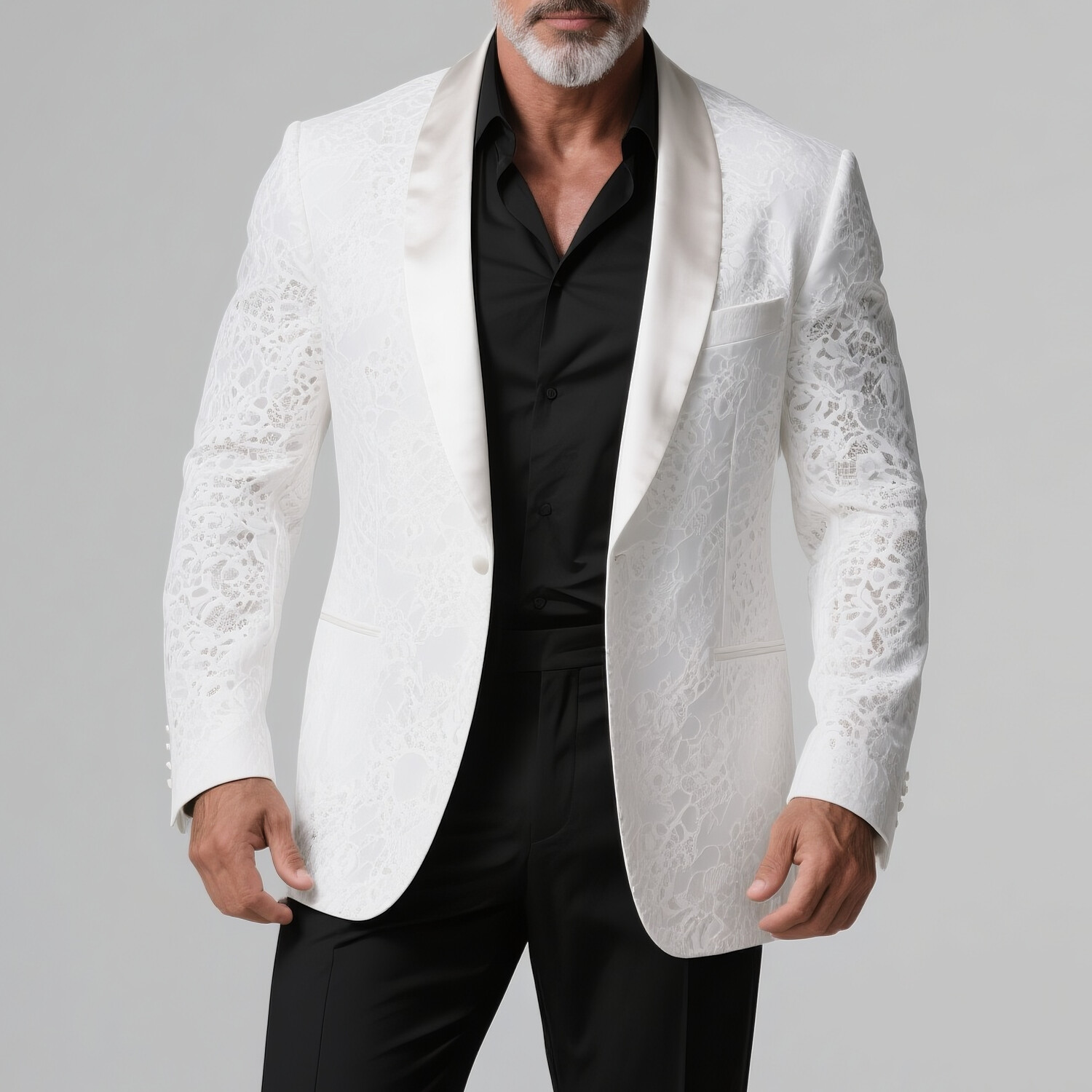 Men's Satin Shawl Lapel One Button Long Sleeve Lace Blazer