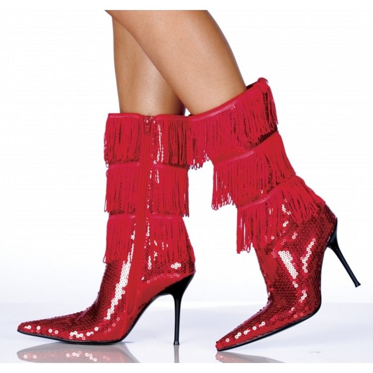 Red Sequin Boots Pointy Toe Fringe Stiletto Mid Calf Stripper Boots |FSJ Shoes