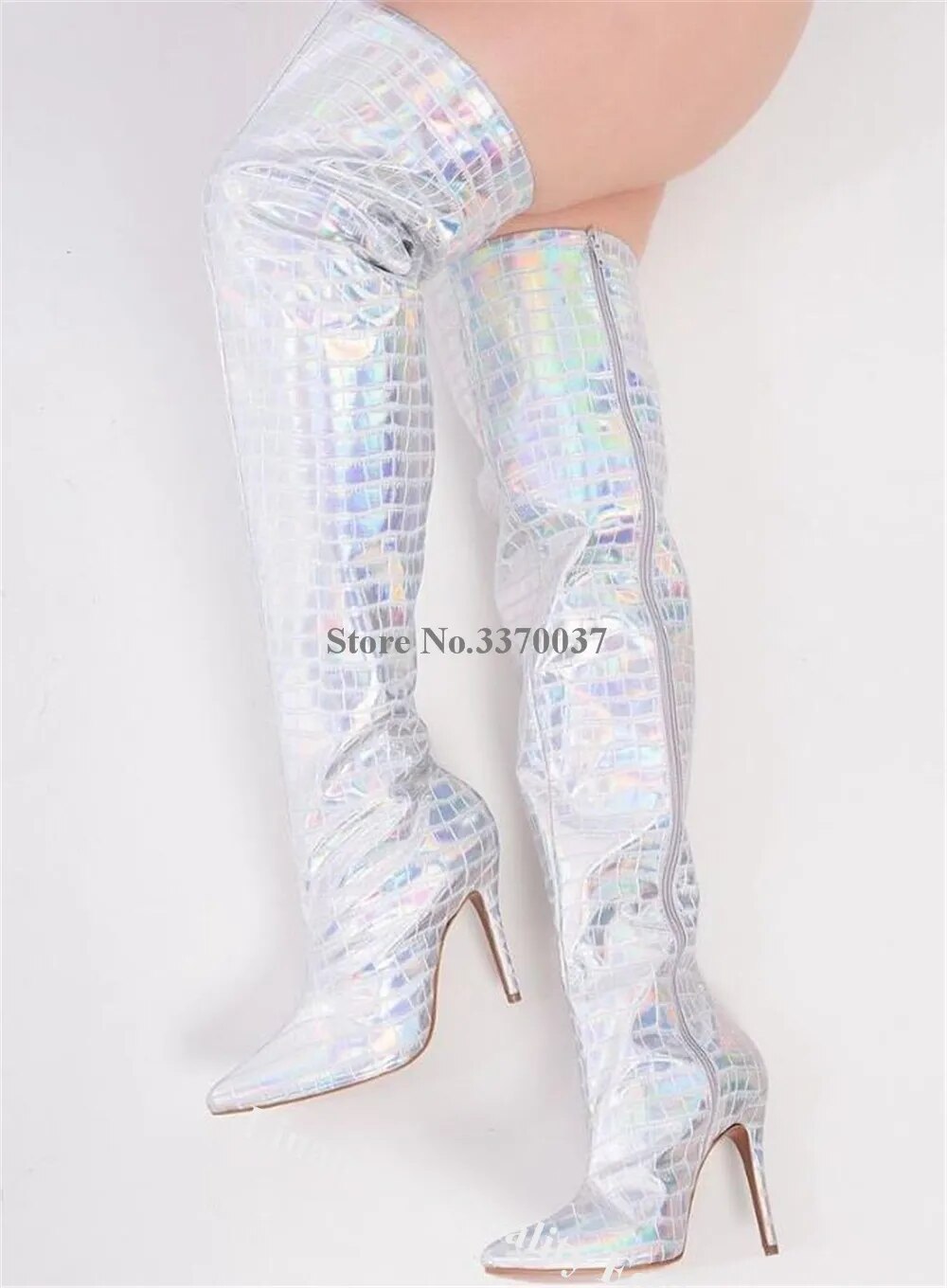 VCSHOES Iridescent Silver Snake Leather Over Knee Thin Heel Boots Pointed Toe Zipper-up Stiletto Heel Long Boots Party Pumps