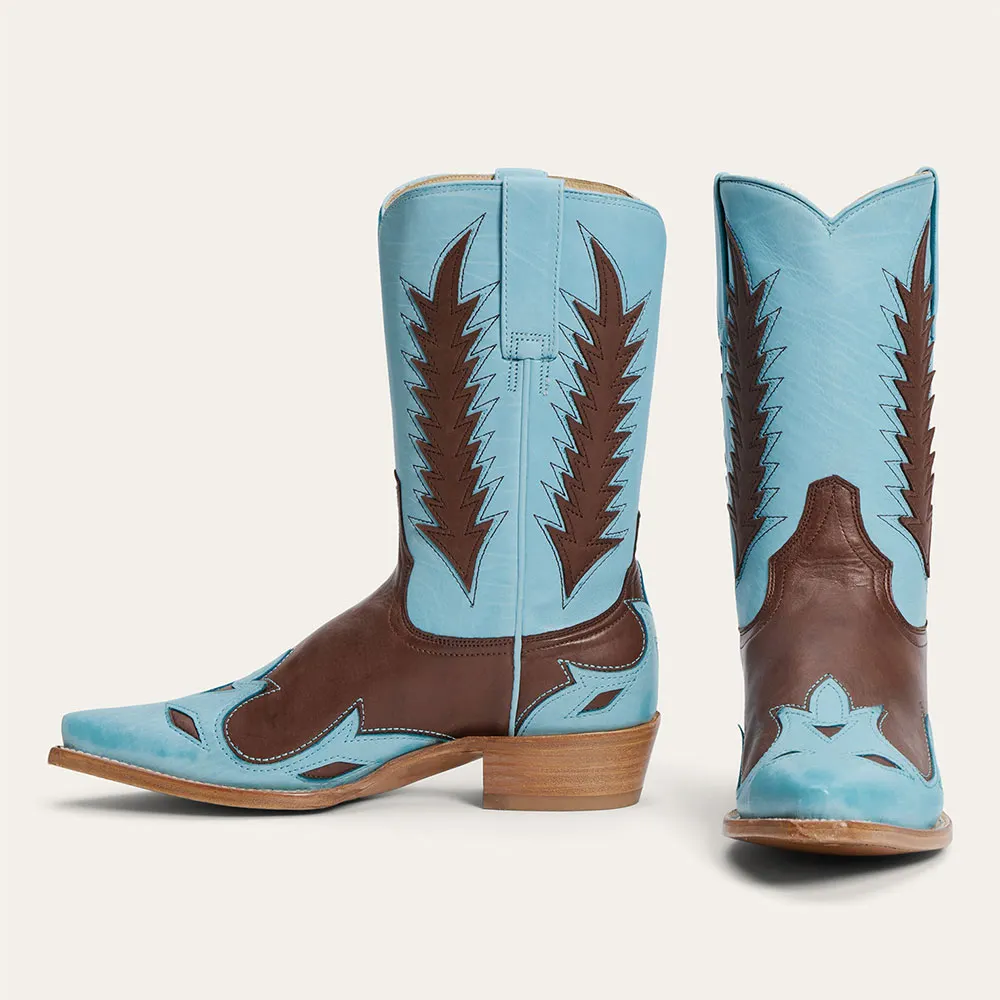 Blue & Brown Snip Toe Flame Underlay Stitching Cowgirl Boots