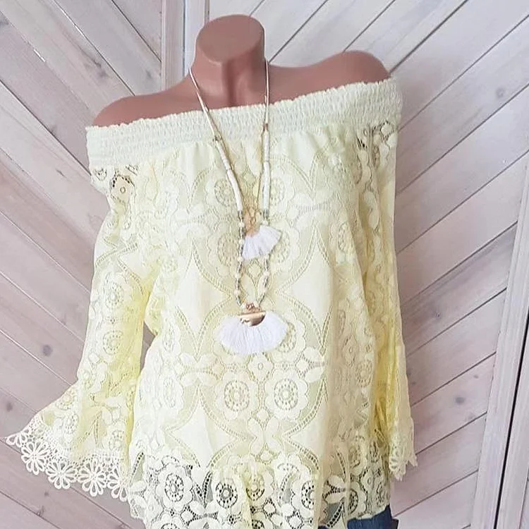 Lace Floral Flare Sleeve Smocked Off Shoulder Blouse