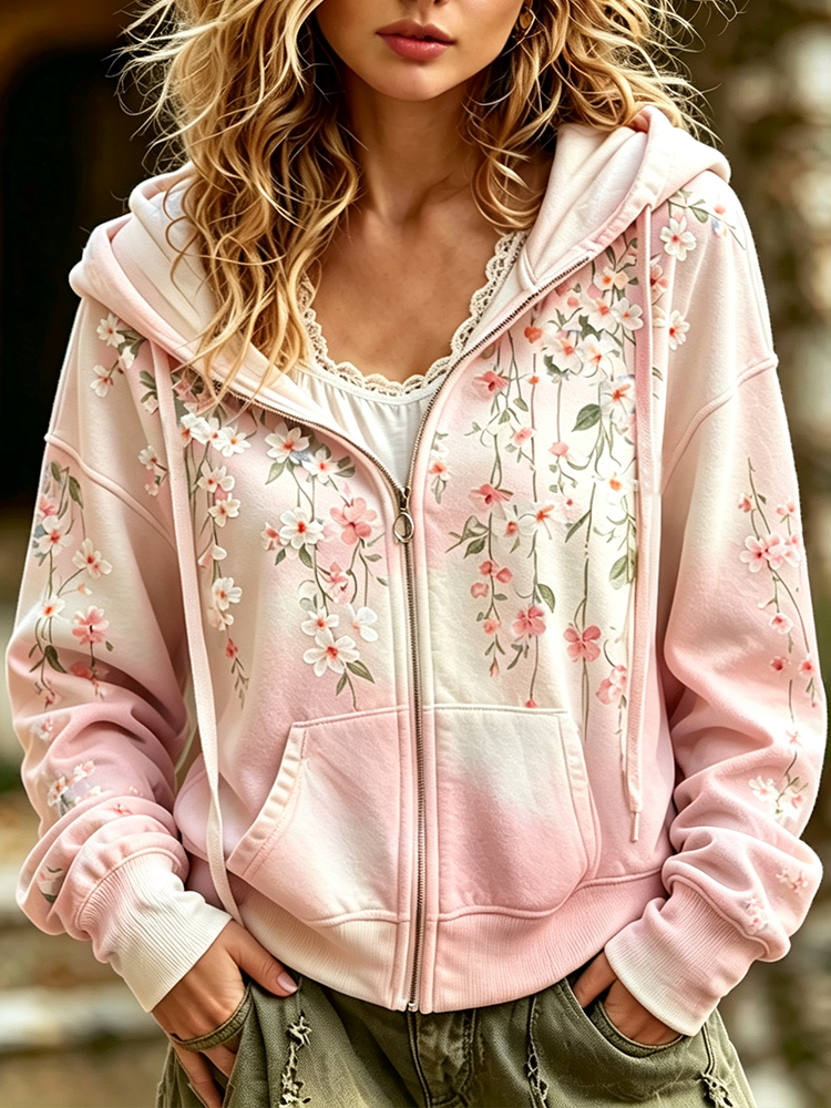 Comstylish Women's Full-zip Hoodie Sweatshirt With Pastel Pink Gradient And White Cherry Blossom Floral Print